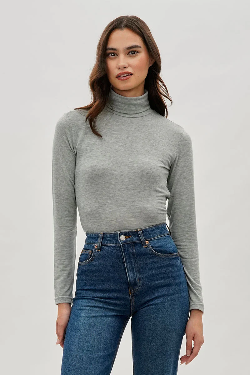Magazine Cinched Side Turtleneck Long Sleeve Top - Grey