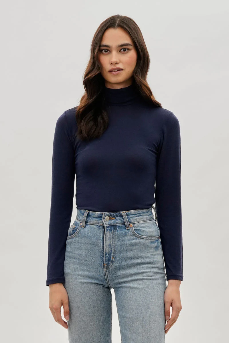 Magazine Cinched Side Turtleneck Long Sleeve Top - Navy