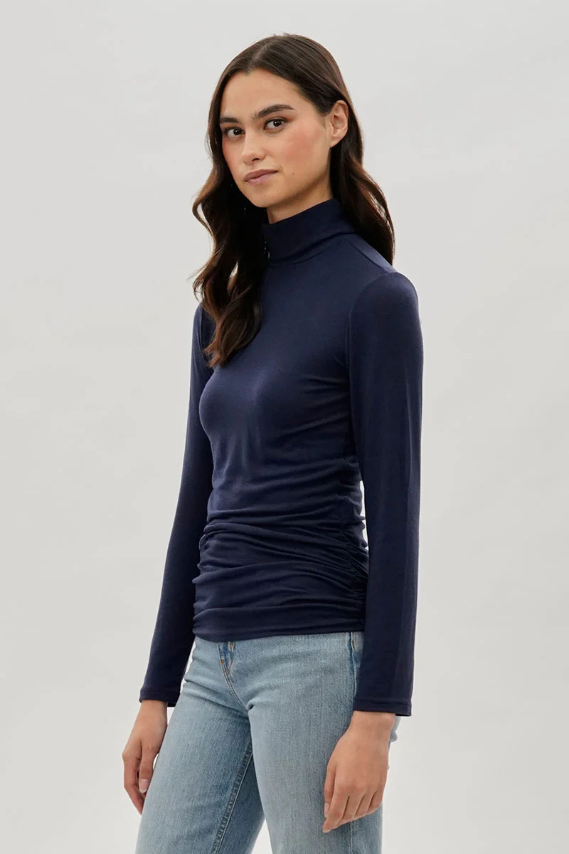 Magazine Cinched Side Turtleneck Long Sleeve Top - Navy - Image 2