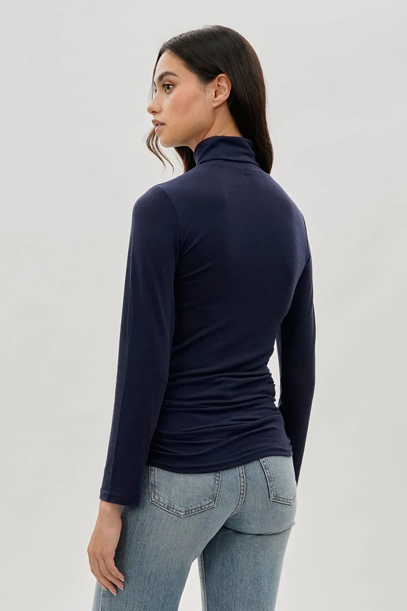 Magazine Cinched Side Turtleneck Long Sleeve Top - Navy - Image 3
