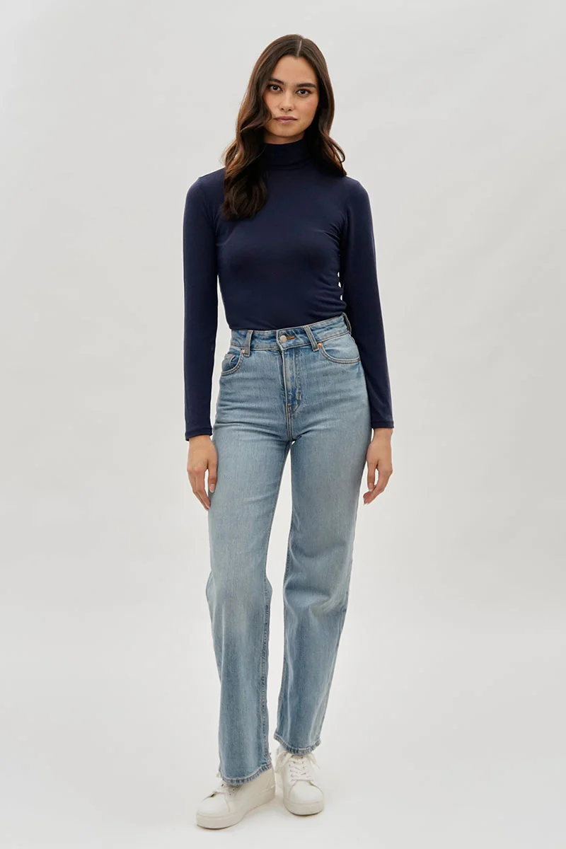 Magazine Cinched Side Turtleneck Long Sleeve Top - Navy - Image 5