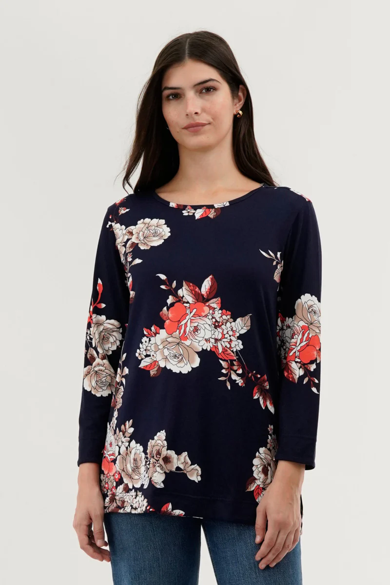 International INC Company Floral 3/4 Sleeve Blouse - Navy