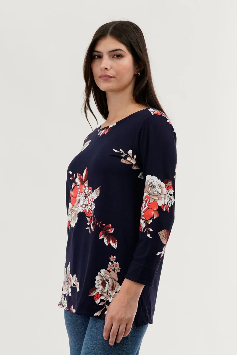 International INC Company Floral 3/4 Sleeve Blouse - Navy - Image 2