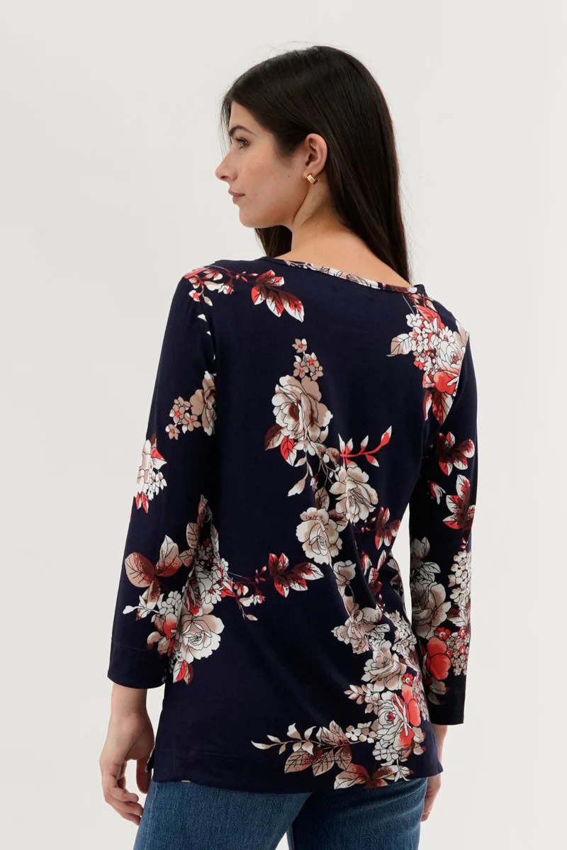 International INC Company Floral 3/4 Sleeve Blouse - Navy - Image 3