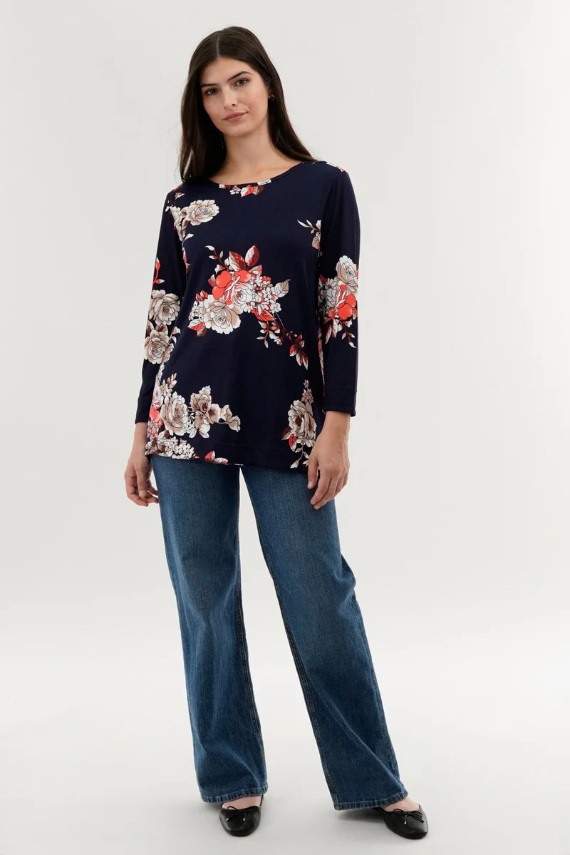 International INC Company Floral 3/4 Sleeve Blouse - Navy - Image 5