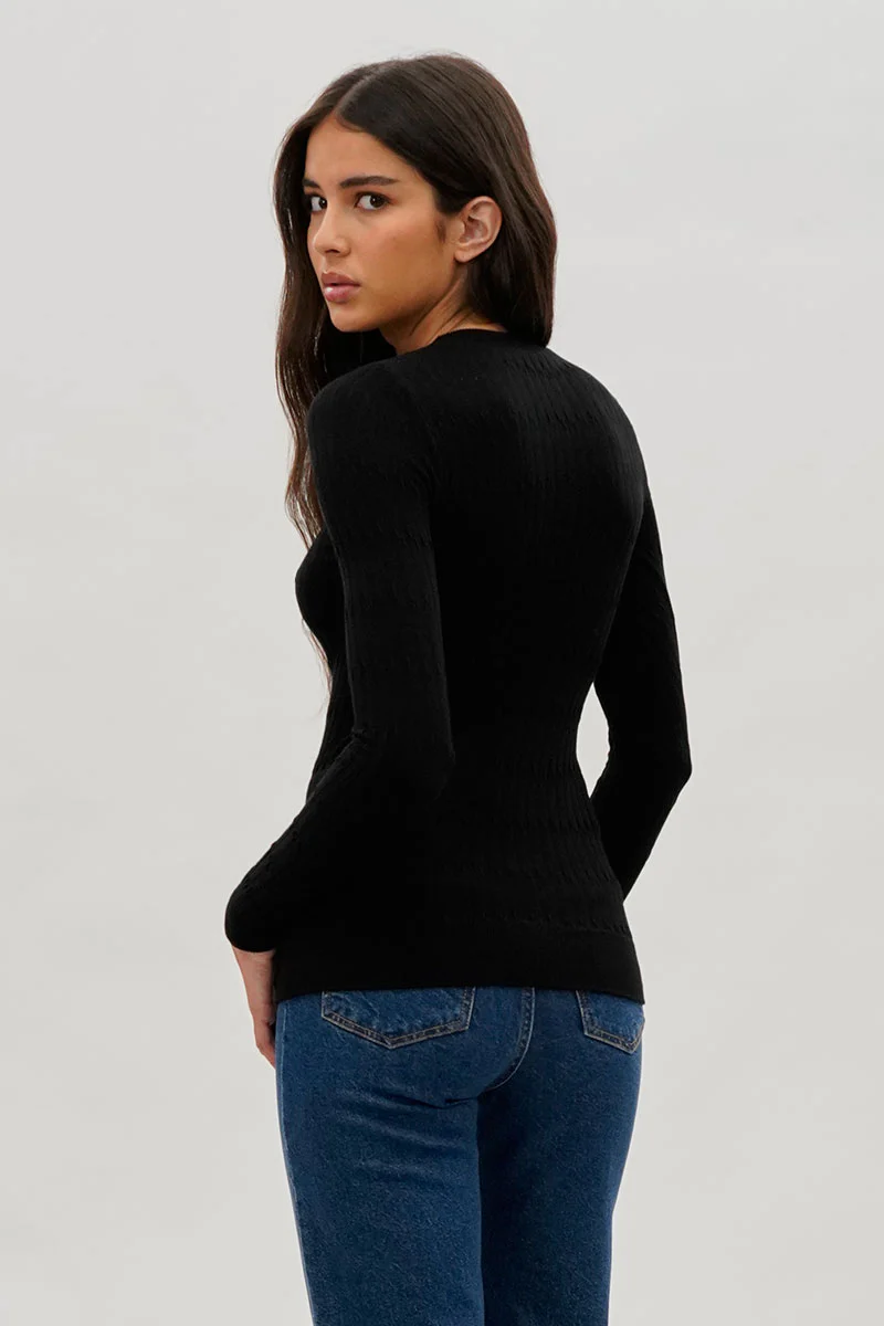 International INC Company Ribbed Crewneck Long Sleeve Top - Black - Image 3