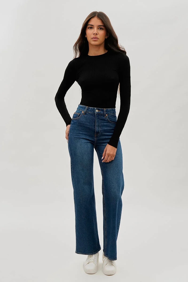 International INC Company Ribbed Crewneck Long Sleeve Top - Black - Image 5