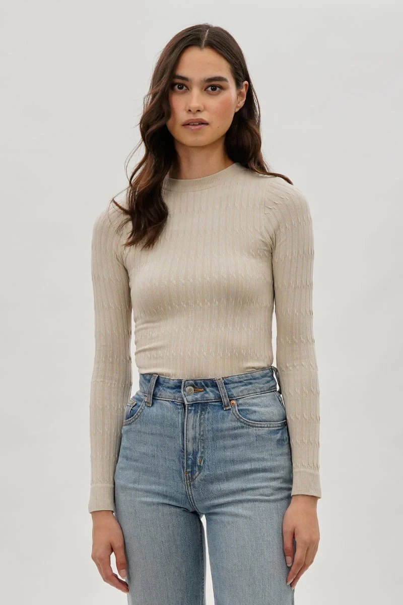 International INC Company Ribbed Crewneck Long Sleeve Top - Beige