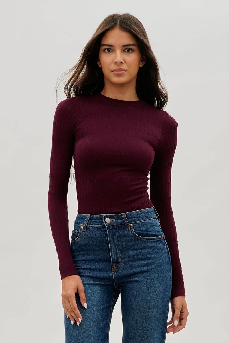 International INC Company Ribbed Crewneck Long Sleeve Top - Burgundy