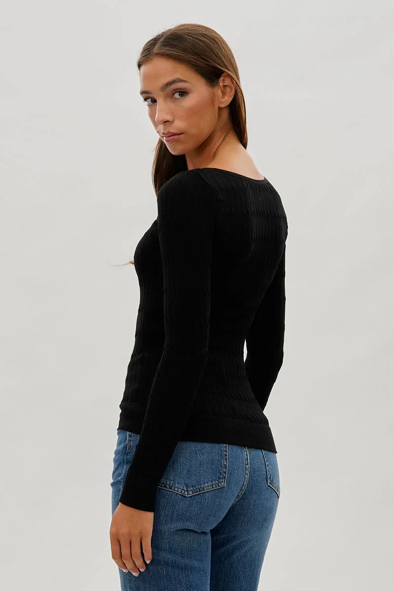 International INC Company Ribbed Scoop Neck Long Sleeve Top - Black - Image 3
