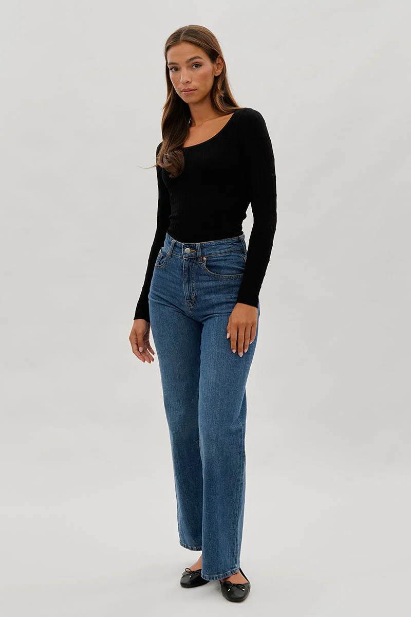 International INC Company Ribbed Scoop Neck Long Sleeve Top - Black - Image 5