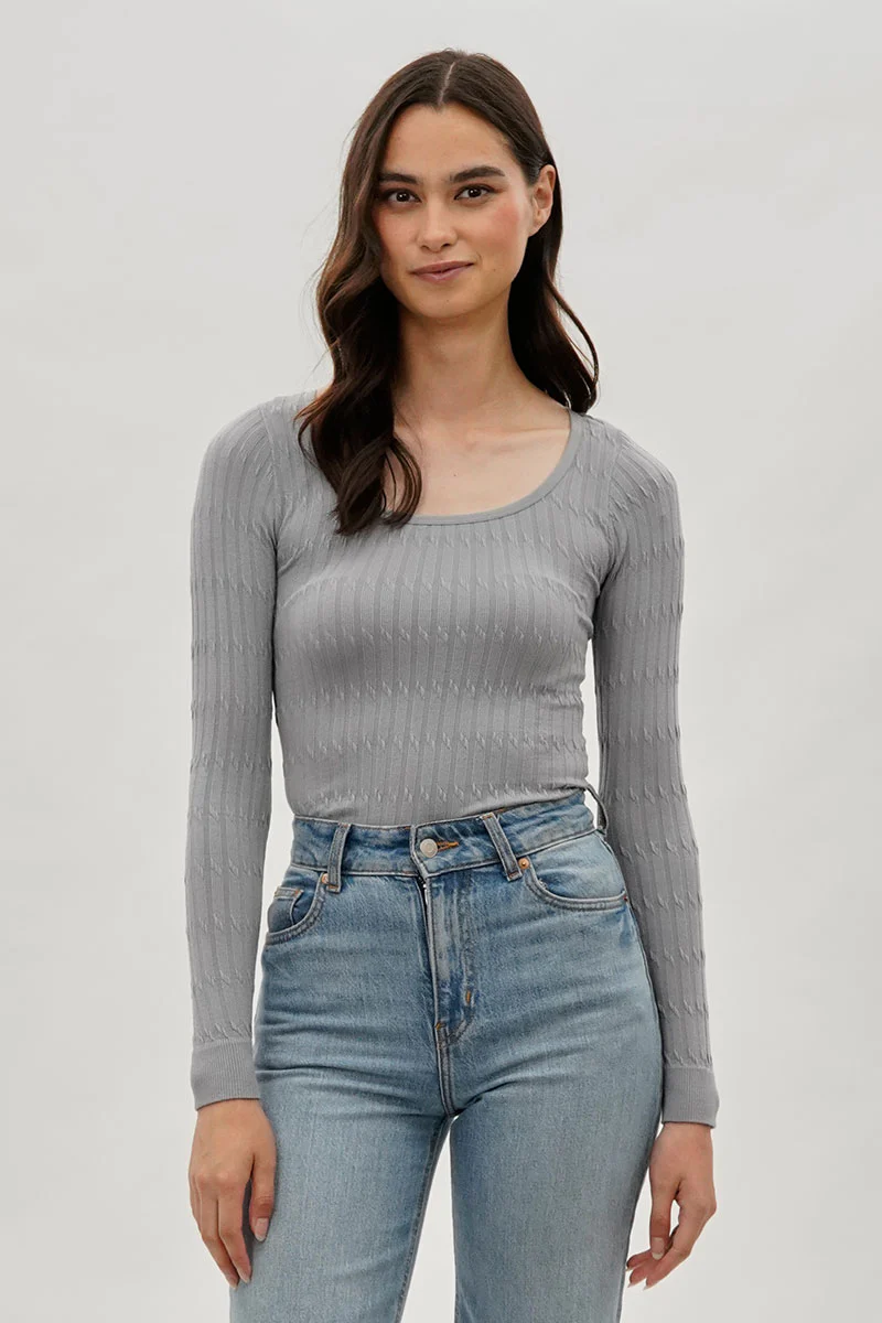 International INC Company Ribbed Scoop Neck Long Sleeve Top - Grey