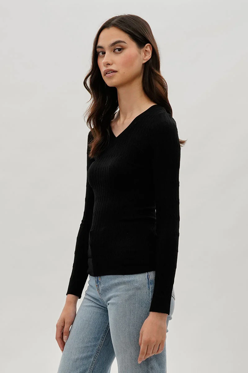 International INC Company Ribbed V-Neck Long Sleeve Top - Black - Image 2