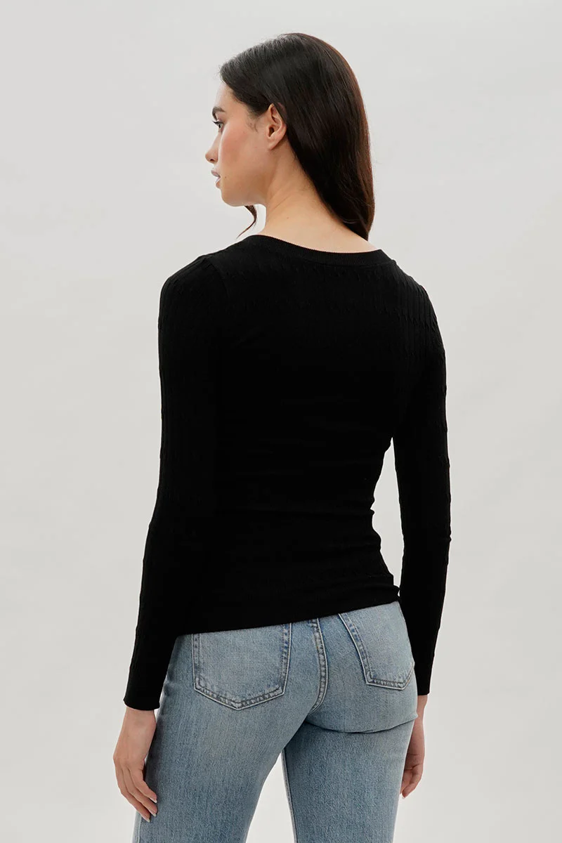 International INC Company Ribbed V-Neck Long Sleeve Top - Black - Image 3