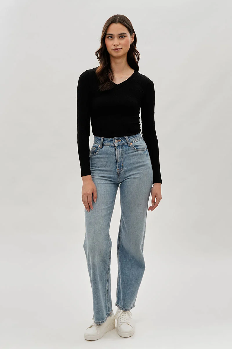 International INC Company Ribbed V-Neck Long Sleeve Top - Black - Image 5