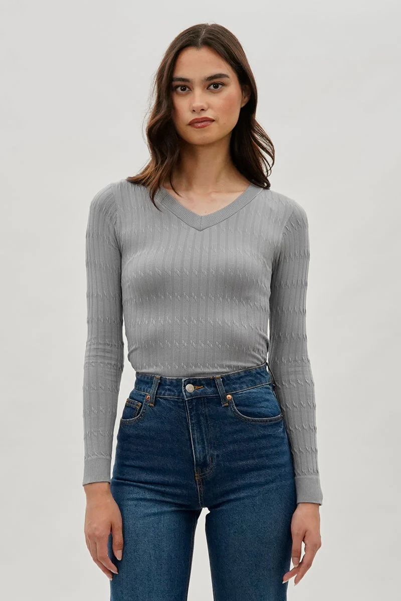 International INC Company Ribbed V-Neck Long Sleeve Top - Grey
