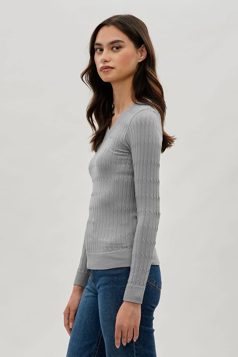 International INC Company Ribbed V-Neck Long Sleeve Top - Grey - Image 2