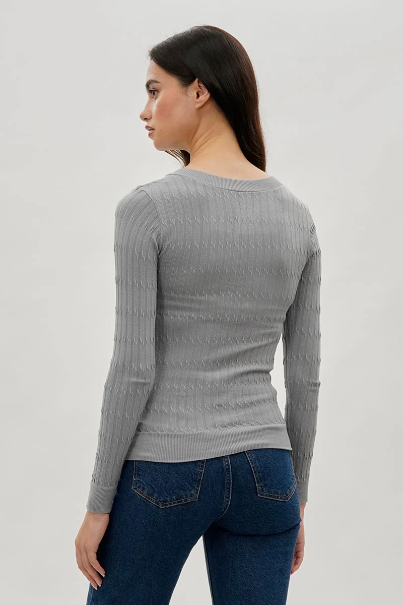 International INC Company Ribbed V-Neck Long Sleeve Top - Grey - Image 3