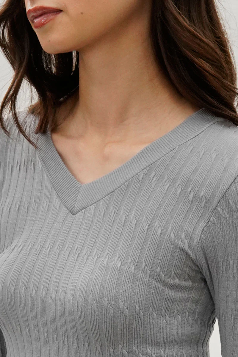 International INC Company Ribbed V-Neck Long Sleeve Top - Grey - Image 4