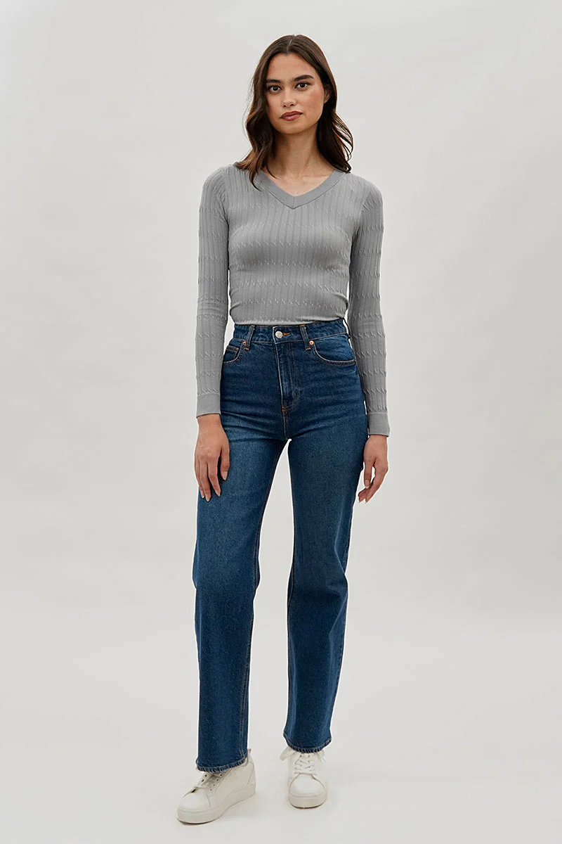 International INC Company Ribbed V-Neck Long Sleeve Top - Grey - Image 5