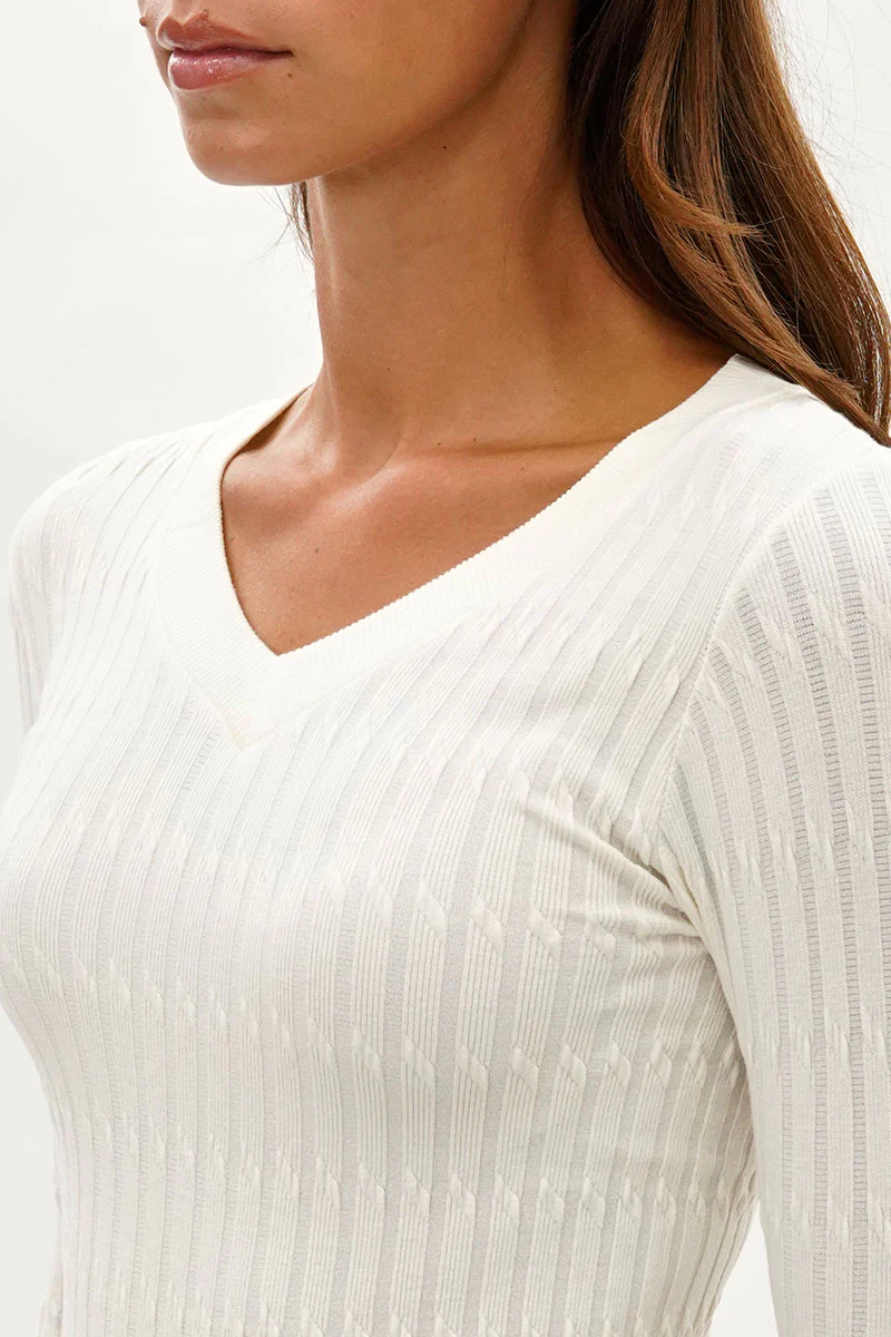International INC Company Ribbed V-Neck Long Sleeve Top - White - Image 4