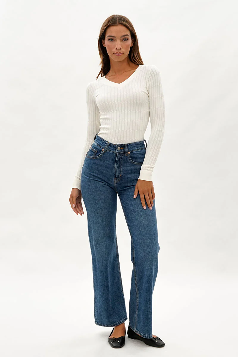 International INC Company Ribbed V-Neck Long Sleeve Top - White - Image 5