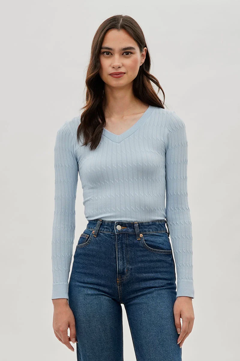 International INC Company Ribbed V-Neck Long Sleeve Top - Blue