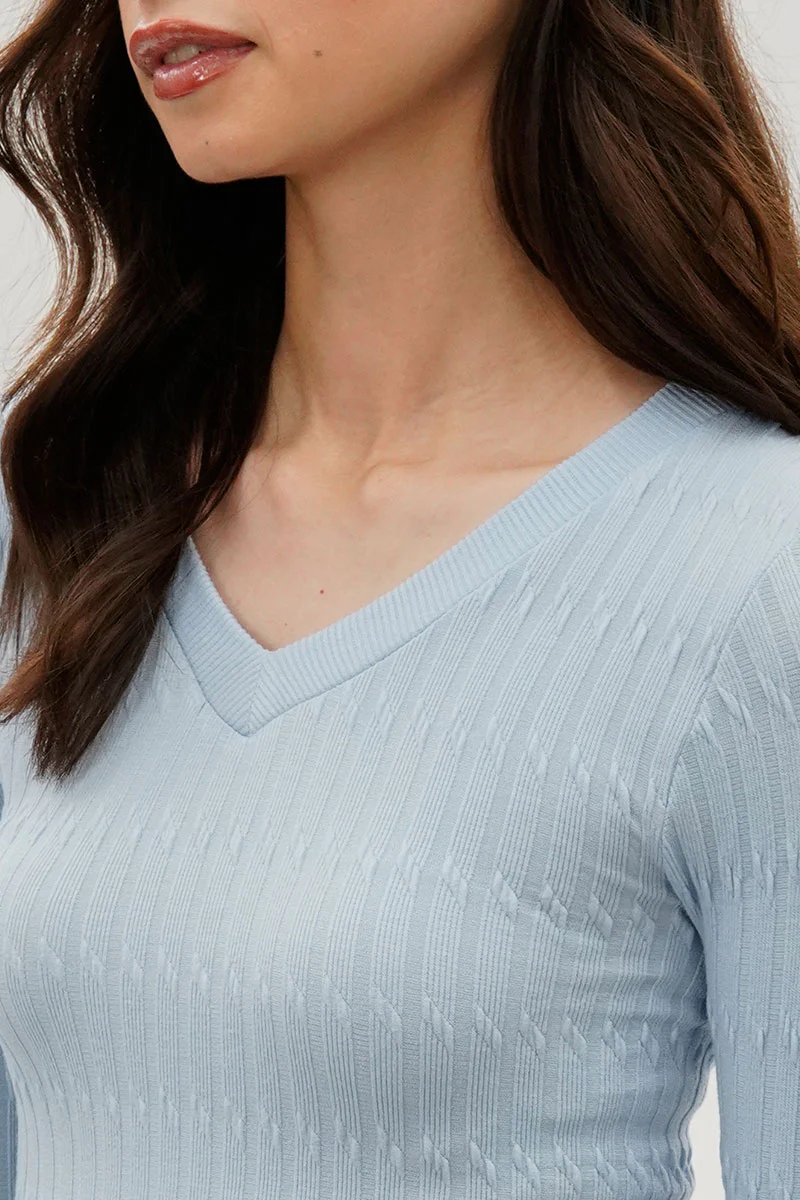 International INC Company Ribbed V-Neck Long Sleeve Top - Blue - Image 4