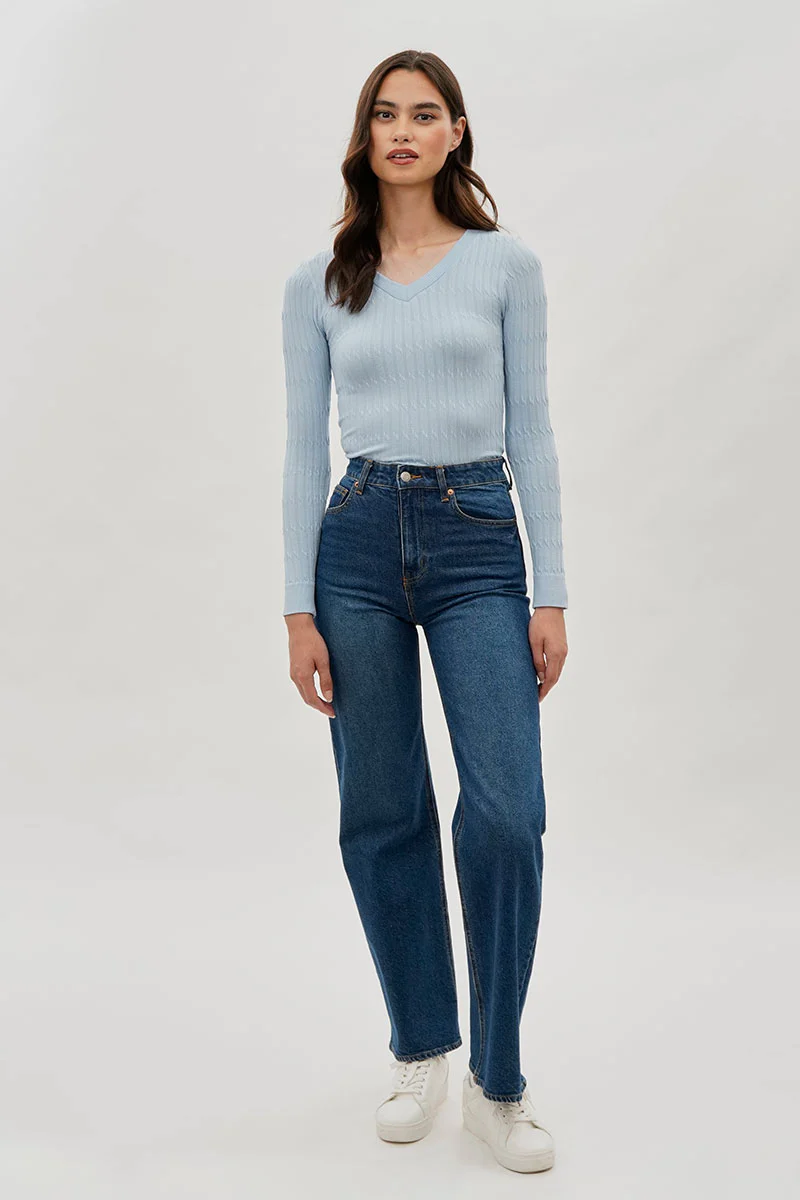 International INC Company Ribbed V-Neck Long Sleeve Top - Blue - Image 5