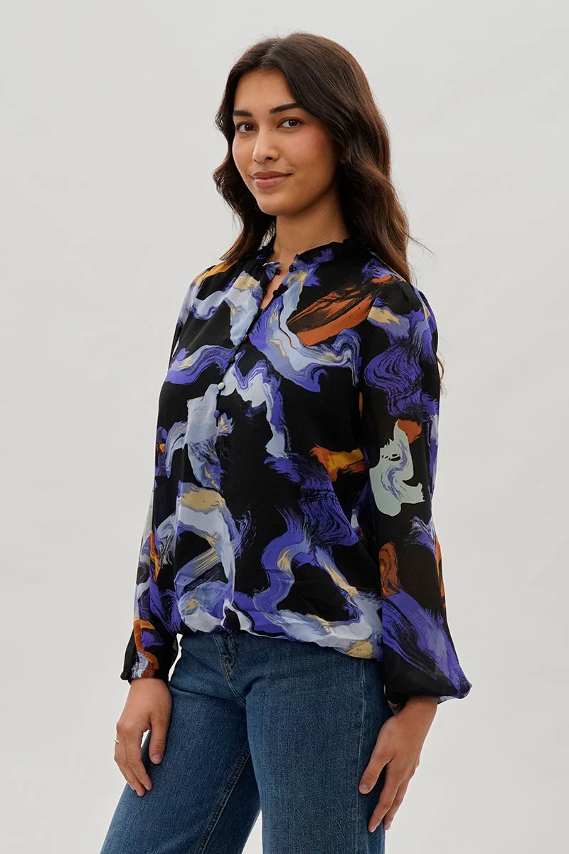 Costa Blanca Marble Print Ruffle Neck Blouse - Black - Image 2