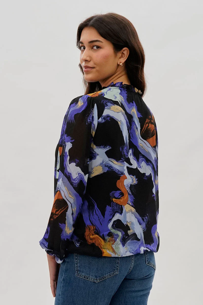 Costa Blanca Marble Print Ruffle Neck Blouse - Black - Image 3