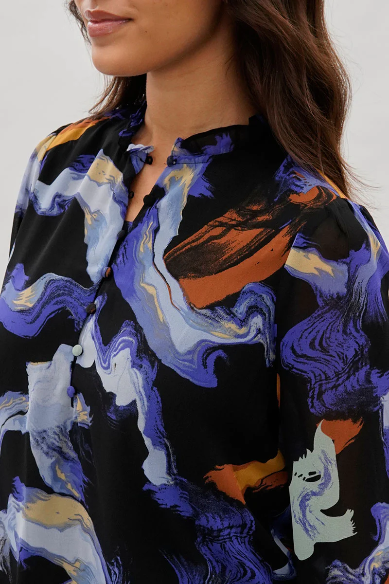 Costa Blanca Marble Print Ruffle Neck Blouse - Black - Image 4