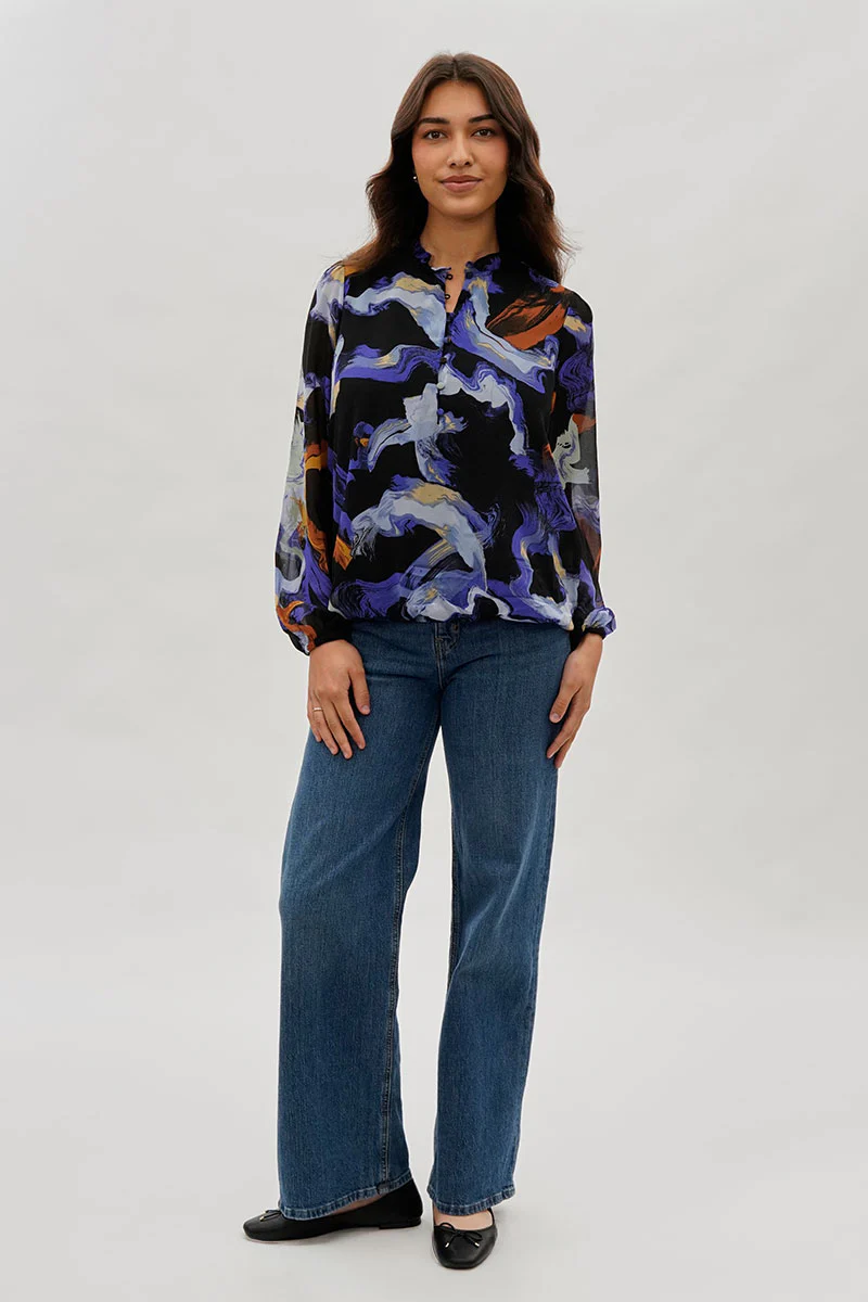 Costa Blanca Marble Print Ruffle Neck Blouse - Black - Image 5