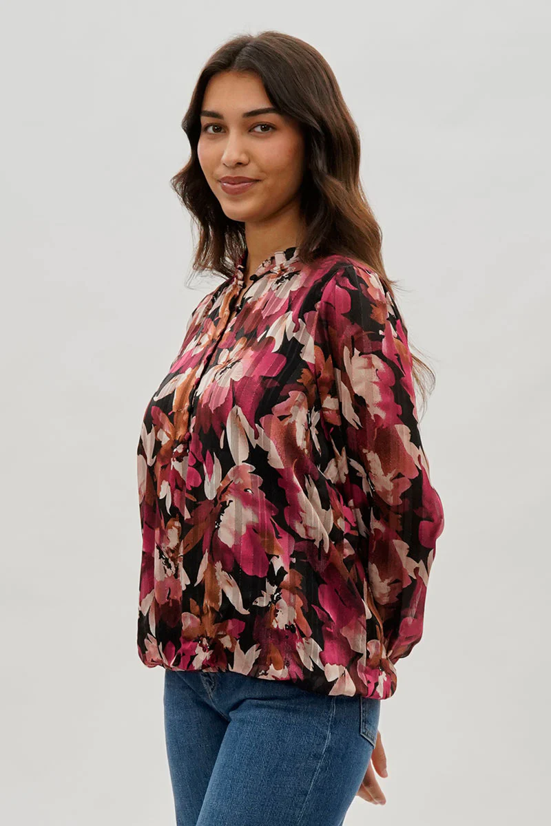 Costa Blanca Floral Ruffle Neck Blouse - Burgundy - Image 2