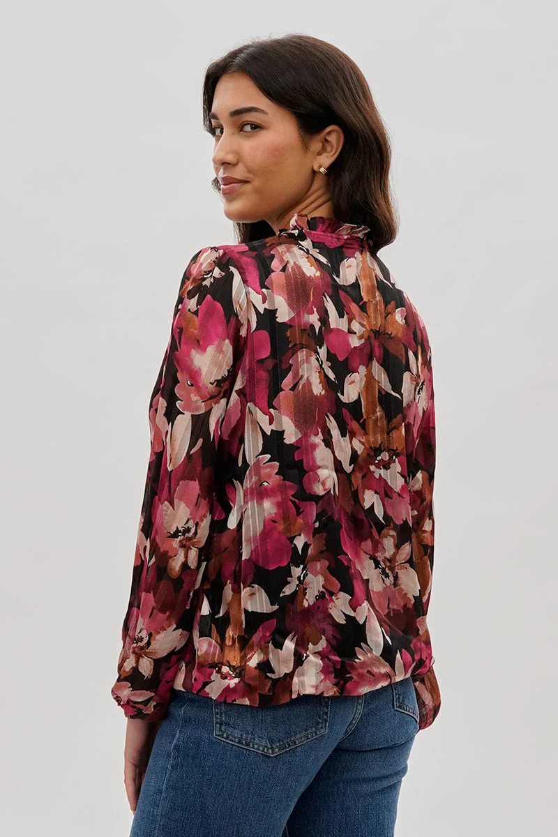 Costa Blanca Floral Ruffle Neck Blouse - Burgundy - Image 3