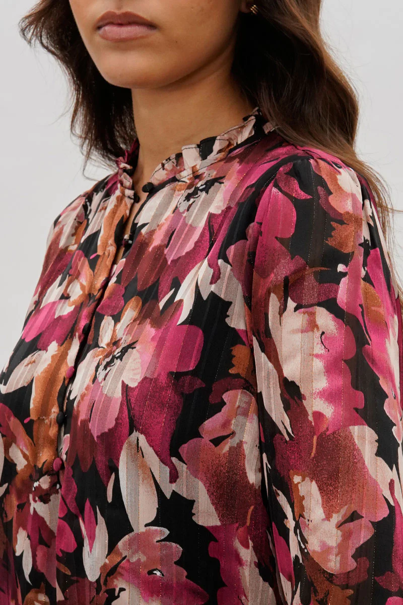 Costa Blanca Floral Ruffle Neck Blouse - Burgundy - Image 4