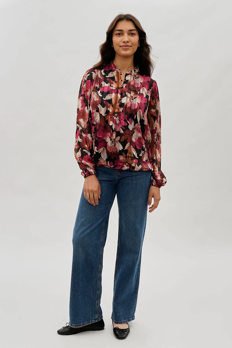 Costa Blanca Floral Ruffle Neck Blouse - Burgundy - Image 5
