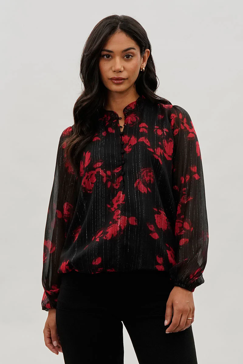 Costa Blanca Floral Sheer Sleeve Blouse - Black