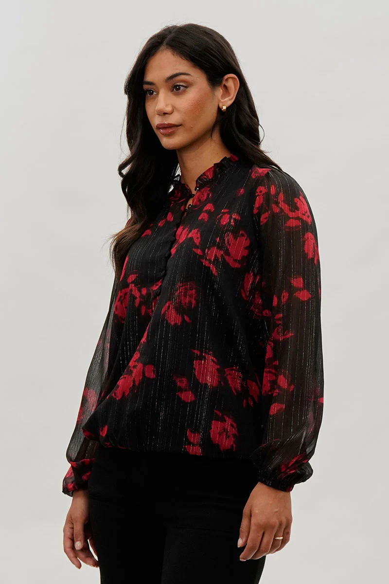 Costa Blanca Floral Sheer Sleeve Blouse - Black - Image 2