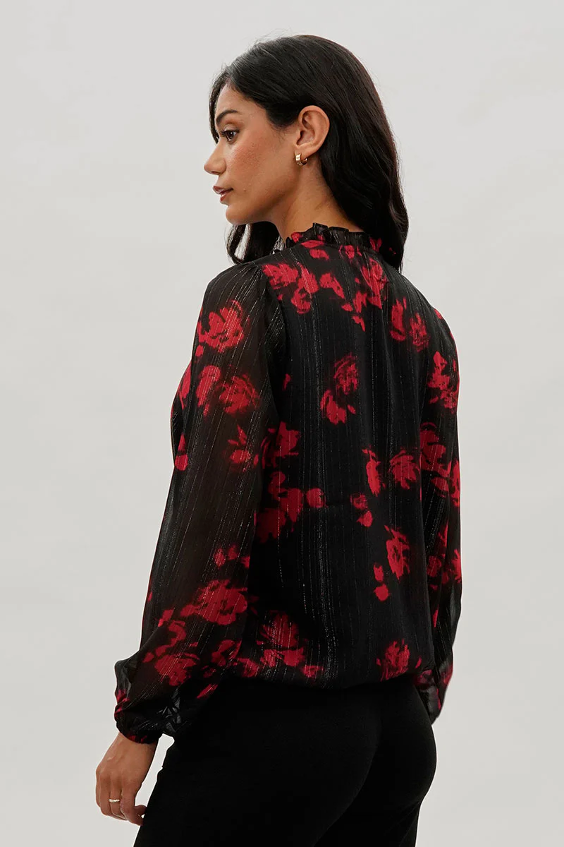 Costa Blanca Floral Sheer Sleeve Blouse - Black - Image 3