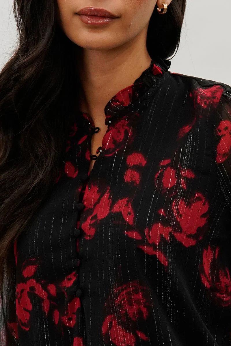 Costa Blanca Floral Sheer Sleeve Blouse - Black - Image 4