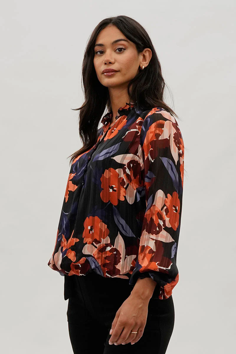 Costa Blanca Floral Sheer Sleeve Blouse - Navy - Image 2