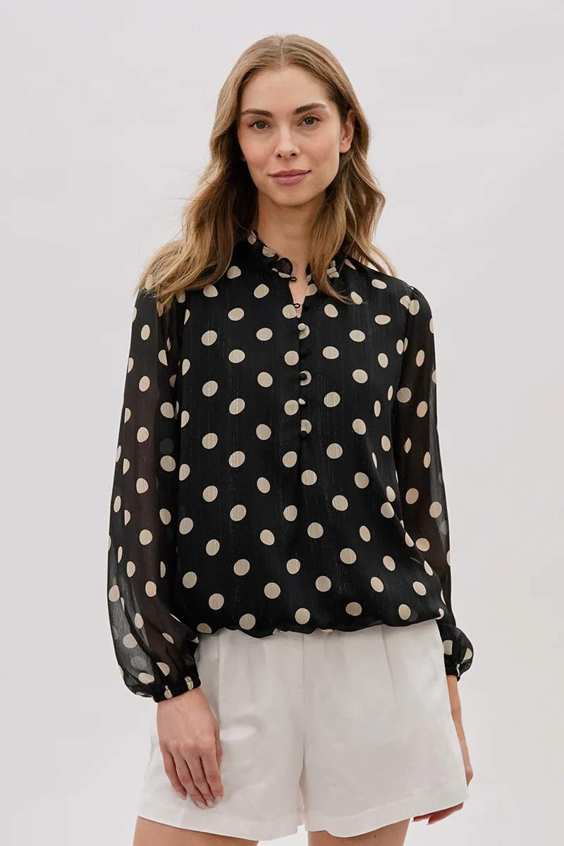 Costa Blanca Polka Dot Long Sleeve Blouse - Black