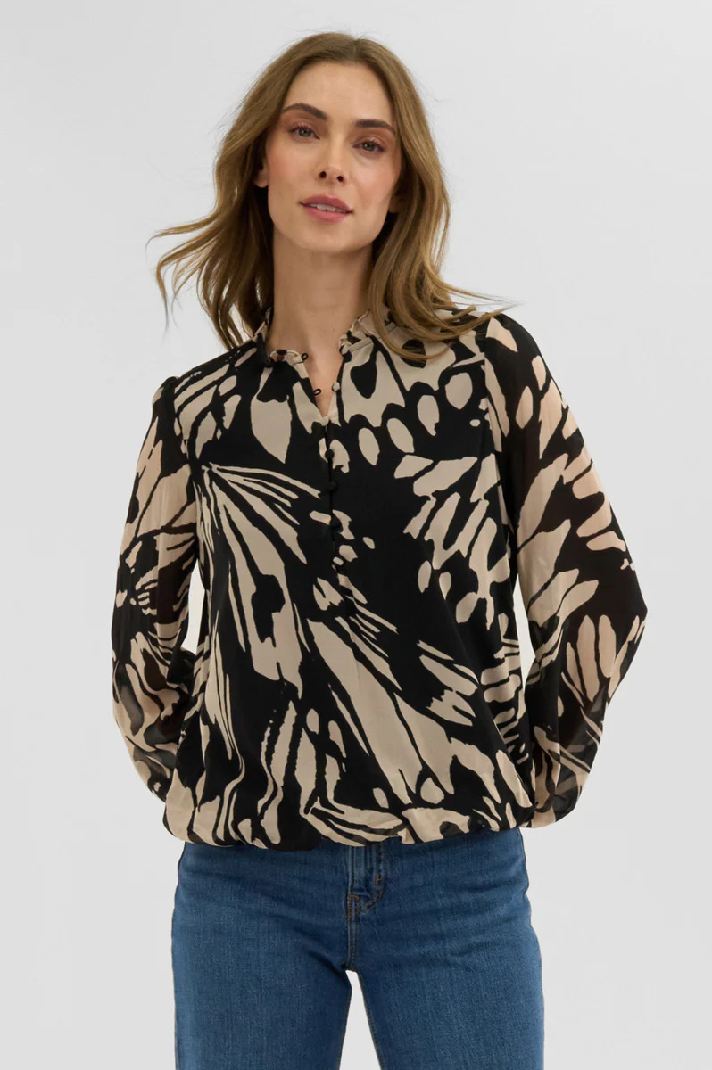 Costa Blanca Patterned Sheer Sleeve Blouse - Black