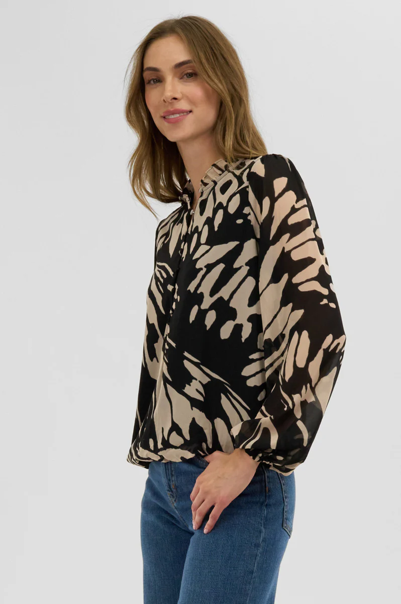 Costa Blanca Patterned Sheer Sleeve Blouse - Black - Image 2
