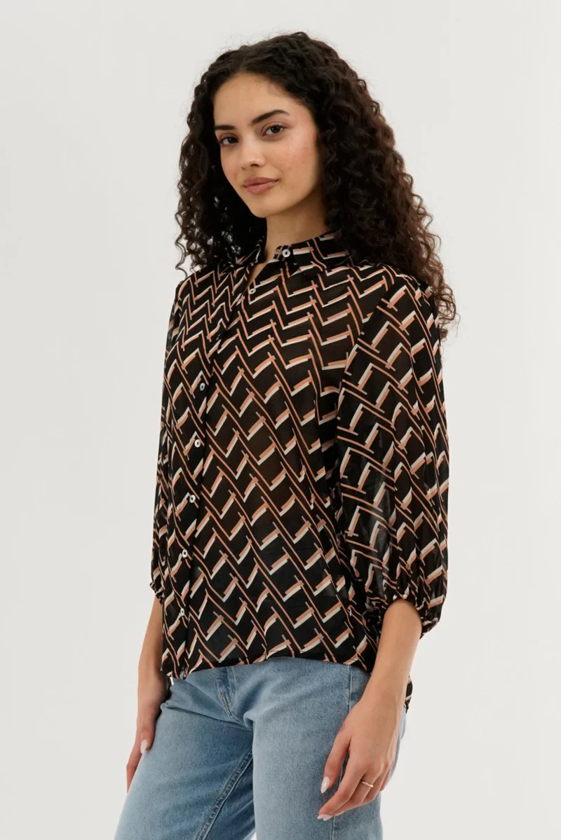 Costa Blanca Patterned Sheer Button Down Blouse - Black - Image 2