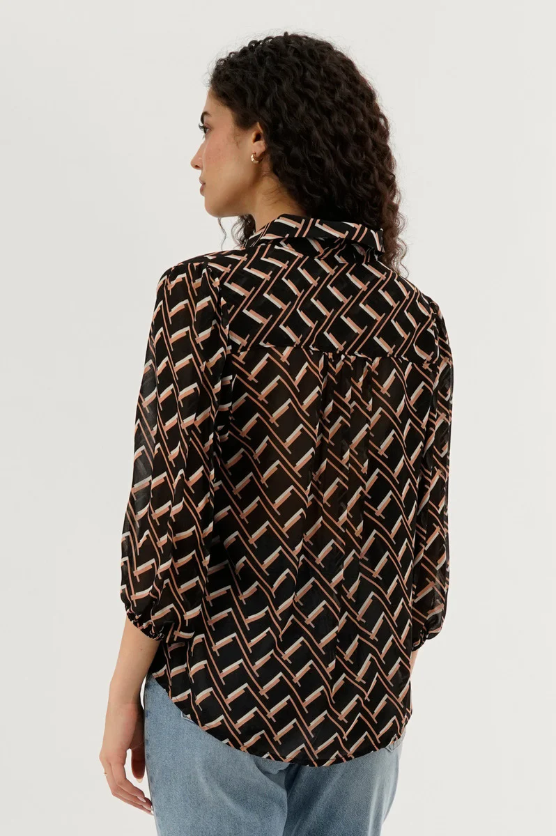 Costa Blanca Patterned Sheer Button Down Blouse - Black - Image 3