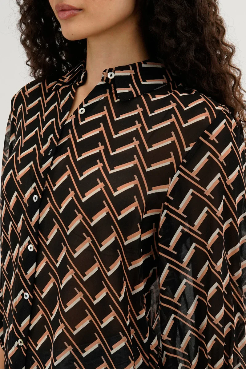 Costa Blanca Patterned Sheer Button Down Blouse - Black - Image 4