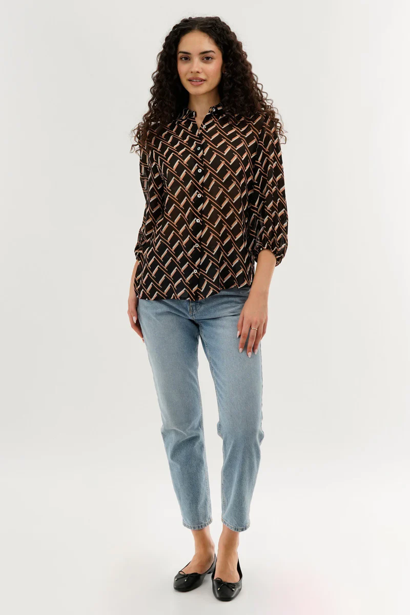 Costa Blanca Patterned Sheer Button Down Blouse - Black - Image 5