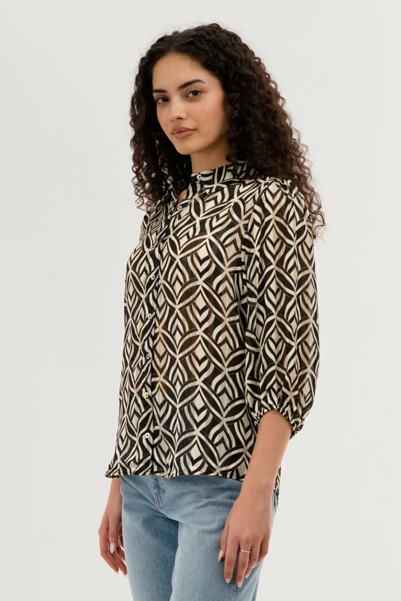 Costa Blanca Patterned Sheer Button Down Blouse - Cream - Image 2